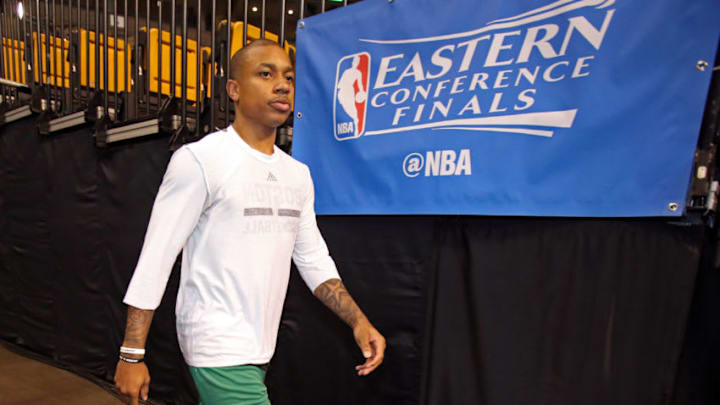 BOSTON, MA - MAY 19: Isaiah Thomas #4 of the Boston Celtics walks to the court before Game Two of the Eastern Conference Finals against the Cleveland Cavaliers during the 2017 NBA Playoffs on May 19, 2017 at the TD Garden in Boston, Massachusetts. NOTE TO USER: User expressly acknowledges and agrees that, by downloading and or using this Photograph, user is consenting to the terms and conditions of the Getty Images License Agreement. Mandatory Copyright Notice: Copyright 2017 NBAE (Photo by Nathaniel S. Butler/NBAE via Getty Images)