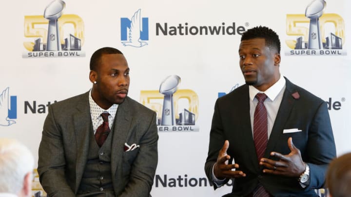 SAN FRANCISCO, CA - FEBRUARY 06: Walter Payton Man of the Year nominees Benjamin Watson (right) of the New Orleans Saints and Anquan Boldin of the San Francisco 49ers address guests in the Nationwide Lounge at the JW Marriott on February 6, 2016 in San Francisco, California. (Photo by Lachlan Cunningham/Getty Images for Nationwide)