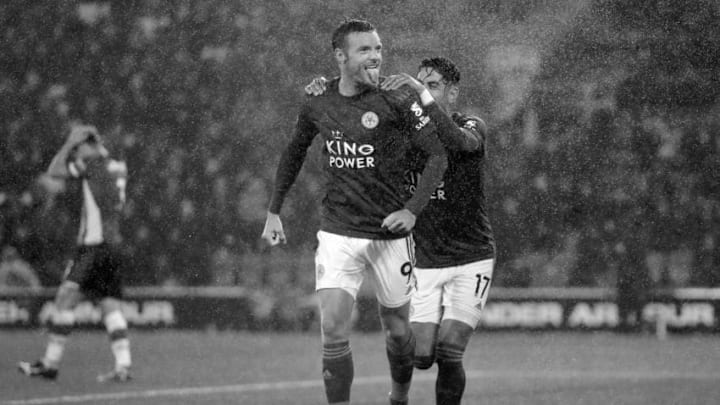 SOUTHAMPTON, ENGLAND - OCTOBER 25: (EDITORS NOTE - This image has been converted to black and white) Jamie Vardy of Leicester City celebrates after scoring his team's fifth goal with Ayoze Perez of Leicester City during the Premier League match between Southampton FC and Leicester City at St Mary's Stadium on October 25, 2019 in Southampton, United Kingdom. (Photo by Naomi Baker/Getty Images)