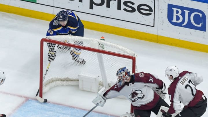 ST. LOUIS, MO - DECEMBER 16: Jordan Kyrou #33 of the St. Louis Blues scores a goal against the Colorado Avalanche at Enterprise Center on December 16, 2019 in St. Louis, Missouri. (Photo by Scott Rovak/NHLI via Getty Images)