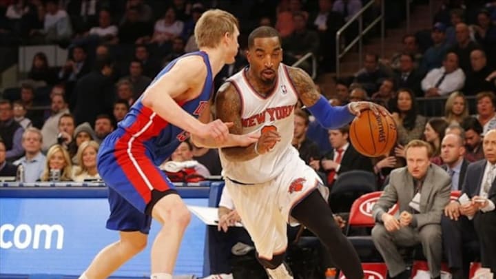 Jan 7, 2014; New York, NY, USA; New York Knicks shooting guard J.R. Smith (8) dribbles the ball around Detroit Pistons small forward Kyle Singler (25) during the second half at Madison Square Garden. The Knicks won 89-85. Mandatory Credit: Jim O Jan 7, 2014; New York, NY, USA; New York Knicks shooting guard J.R. Smith (8) dribbles the ball around Detroit Pistons small forward Kyle Singler (25) during the second half at Madison Square Garden. The Knicks won 89-85. Mandatory Credit: Jim O