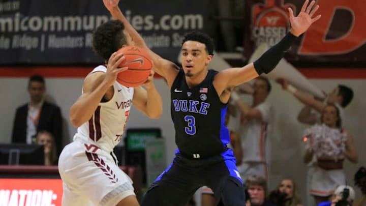 BLACKSBURG, VA - FEBRUARY 26: Tre Jones #3 of the Duke Blue Devils defends against Wabissa Bede #3 of the Virginia Tech Hokies in the first half at Cassell Coliseum on February 26, 2019 in Blacksburg, Virginia. (Photo by Lauren Rakes/Getty Images)