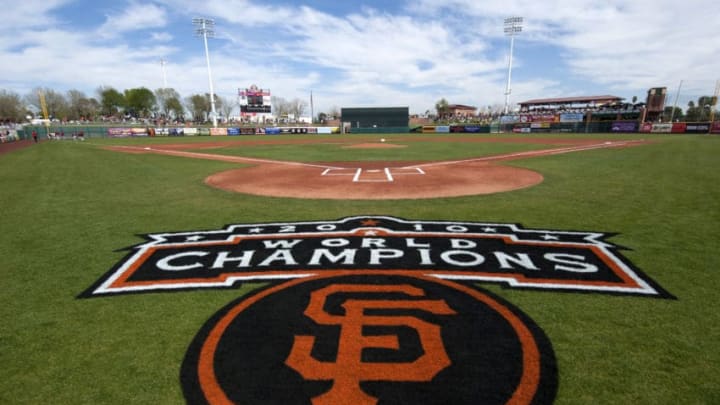 SCOTTSDALE, AZ - FEBRUARY 25: A general view of the painted logo of the World Champion San Francisco Giants behind home plate before a game played between the San Francisco Giants and the Arizona Diamondbacks at Scottsdale Stadium on February 25, 2011 in Scottsdale, Arizona. (Photo by Rob Tringali/Getty Images)