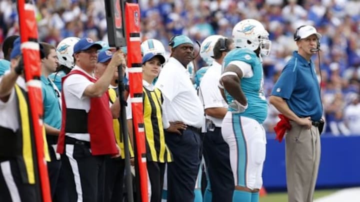 Sep 14, 2014; Orchard Park, NY, USA; Miami Dolphins head coach Joe Philbin on the sideline during the first half against the Buffalo Bills at Ralph Wilson Stadium. Mandatory Credit: Kevin Hoffman-USA TODAY Sports