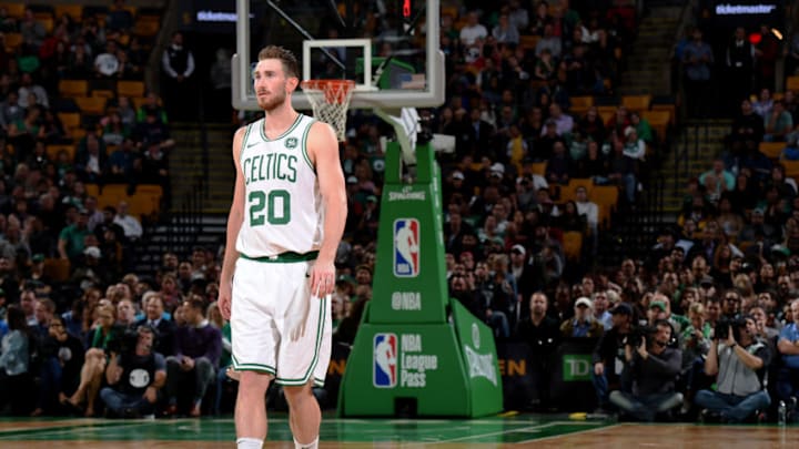 BOSTON, MA - OCTOBER 2: Gordon Hayward #20 of the Boston Celtics looks on against the Cleveland Cavaliers during a pre-season game on October 2, 2018 at the TD Garden in Boston, Massachusetts. NOTE TO USER: User expressly acknowledges and agrees that, by downloading and or using this photograph, User is consenting to the terms and conditions of the Getty Images License Agreement. Mandatory Copyright Notice: Copyright 2018 NBAE (Photo by Brian Babineau/NBAE via Getty Images)
