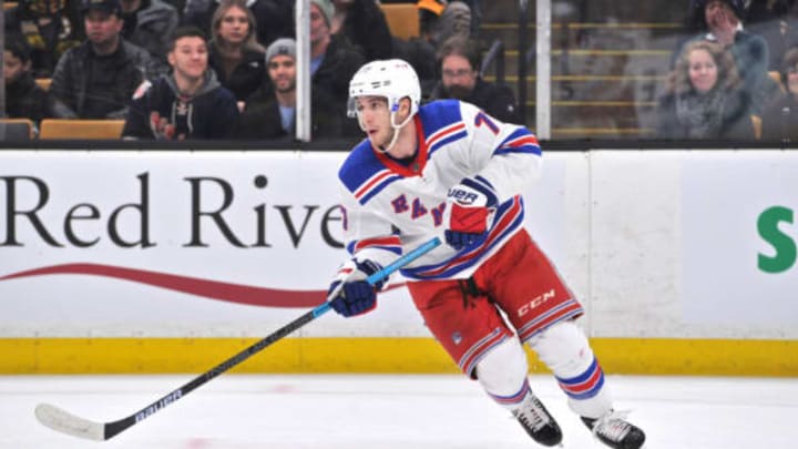 BOSTON, MA – JANUARY 19: New York Rangers Defenceman Tony DeAngelo (77) looks to pass the puck up ice. During the New York Rangers game against the Boston Bruins on January 19, 2019 at TD Garden in Boston, MA. (Photo by Michael Tureski/Icon Sportswire via Getty Images)