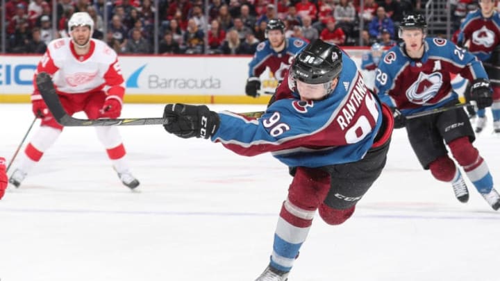 DENVER, CO - MARCH 18: Mikko Rantanen #96 of the Colorado Avalanche takes a slap shot against the Detroit Red Wings at the Pepsi Center on March 18, 2018 in Denver, Colorado. (Photo by Michael Martin/NHLI via Getty Images)