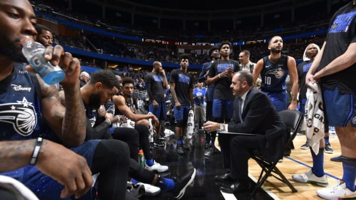ORLANDO, FL - FEBRUARY 6: the Orlando Magic review plays during a time out at the game against the Cleveland Cavaliers on February 6, 2018 at Amway Center in Orlando, Florida. NOTE TO USER: User expressly acknowledges and agrees that, by downloading and or using this photograph, User is consenting to the terms and conditions of the Getty Images License Agreement. Mandatory Copyright Notice: Copyright 2018 NBAE (Photo by Fernando Medina/NBAE via Getty Images)