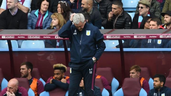 BIRMINGHAM, ENGLAND - APRIL 23: Steve Bruce manager of Aston Villa scratches his head during the Sky Bet Championship match between Aston Villa and Birmingham City at Villa Park on April 23, 2017 in Birmingham, England. (Photo by Ross Kinnaird/Getty Images)