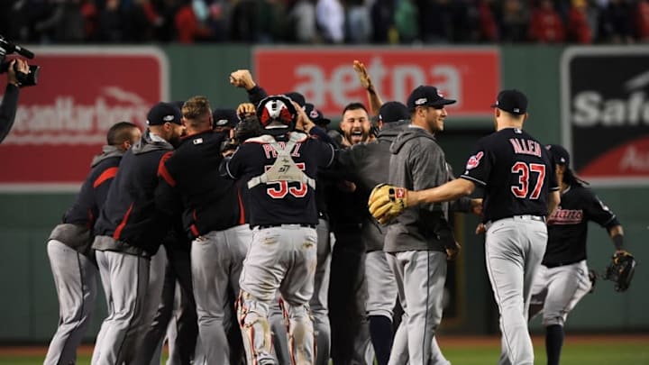 Oct 10, 2016; Boston, MA, USA; Cleveland Indians teammates celebrate after defeating the Boston Red Sox 4-3 in game three of the 2016 ALDS playoff baseball series at Fenway Park. Mandatory Credit: Bob DeChiara-USA TODAY Sports