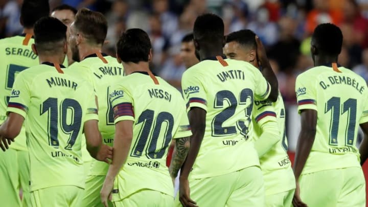 MADRID, SPAIN - SEPTEMBER 26: Philippe Coutinho (2nd R) of Barcelona celebrates with his teammates after scoring a goal during the La Liga football match between Leganes and FC Barcelona at the Estadio Municipal Butarque in Madrid, Spain on September 26, 2018. (Photo by Burak Akbulut/Anadolu Agency/Getty Images)