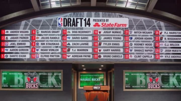 Jun 26, 2014; Brooklyn, NY, USA; A general view as the names of the first round draft picks are displayed above the stage during the 2014 NBA Draft at the Barclays Center. Mandatory Credit: Brad Penner-USA TODAY Sports