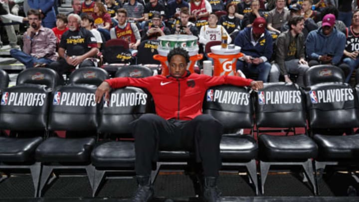 CLEVELAND, OH – MAY 5: DeMar DeRozan #10 of the Toronto Raptors looks on against the Cleveland Cavaliers During Game Three of the Eastern Conference Semi Finals of the 2018 NBA Playoffs on May 5, 2018 at Quicken Loans Arena in Cleveland, Ohio. NOTE TO USER: User expressly acknowledges and agrees that, by downloading and/or using this Photograph, user is consenting to the terms and conditions of the Getty Images License Agreement. Mandatory Copyright Notice: Copyright 2018 NBAE (Photo by Jeff Haynes/NBAE via Getty Images)