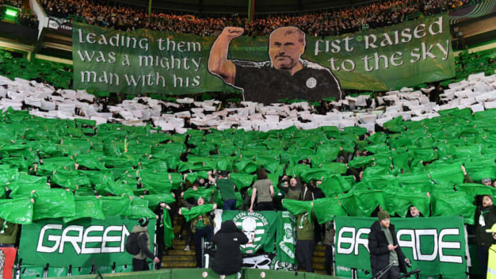 GLASGOW, SCOTLAND - FEBRUARY 17: Celtic fans display a sign of Celtic manager, Ange Postecoglou during the UEFA Europa Conference League Knockout Round Play-Off Leg One match between Celtic FC and FK Bodoe/Glimt at Celtic Park on February 17, 2022 in Glasgow, Scotland. (Photo by Mark Runnacles/Getty Images)