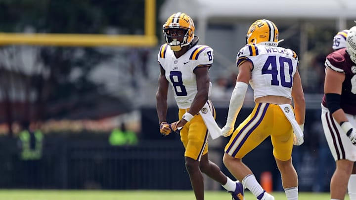 STARKVILLE, MISSISSIPPI – SEPTEMBER 16: Major Burns #8 of the LSU Tigers reacts during the game against the Mississippi State Bulldogs at Davis Wade Stadium on September 16, 2023 in Starkville, Mississippi. (Photo by Justin Ford/Getty Images)