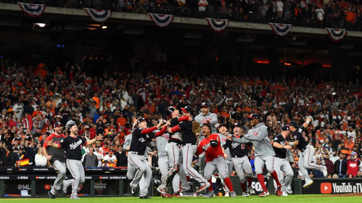 HOUSTON, TX – OCTOBER 30: Members of the Washington Nationals celebrates after the Nationals defeated the Houston Astros in Game 7 to win the 2019 World Series at Minute Maid Park on Wednesday, October 30, 2019 in Houston, Texas. (Photo by Alex Trautwig/MLB Photos via Getty Images)