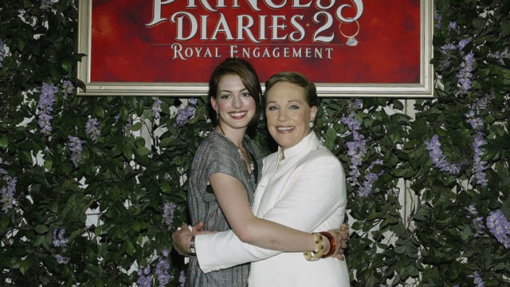 ANAHEIM, CA - AUGUST 7: (L to R) Actors Anne Hathaway and Julie Andrews attend the film premiere of "The Princess Diaries 2: Royal Engagement" at Disneyland on August 7, 2004 in Anaheim, California. The film "The Princess Diaries 2: Royal Engagement" opens in theaters nationwide on August 11, 2004. (Photo by Frederick M. Brown/Getty Images).