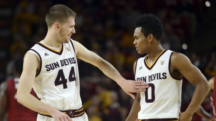 Jan 14, 2016; Tempe, AZ, USA; Arizona State Sun Devils guard Kodi Justice (44) and Arizona State Sun Devils guard Tra Holder (0) react against the Washington State Cougars during the second half at Wells-Fargo Arena. The Sun Devils won 84-73. Mandatory Credit: Joe Camporeale-USA TODAY Sports