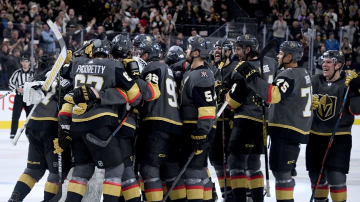 The Vegas Golden Knights celebrate their 2-1 shootout victory over the Arizona Coyotes.