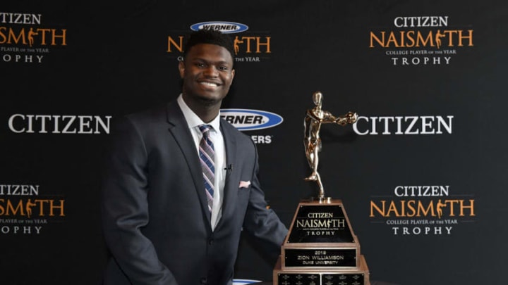MINNEAPOLIS, MN - APRIL 07: 2019 Citizen Naismith Men's College Player of the Year Zion Williamson of the Duke Blue Devils poses with the 2019 Citizen Naismith Men's College Player of the Year trophy during the 2019 Naismith Awards Brunch at the Nicolette Island Pavilion on April 7, 2019 in Minneapolis, Minnesota. (Photo by Hannah Foslien/Getty Images)