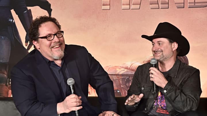 WEST HOLLYWOOD, CALIFORNIA - OCTOBER 19: Executive producers/writers Jon Favreau (L) and Dave Filoni of Lucasfilm's "The Mandalorian" at the Disney+ Global Press Day on October 19, 2019 in Los Angeles, California. "The Mandalorian" series will stream exclusively on Disney+ when the service launches on November 12. (Photo by Alberto E. Rodriguez/Getty Images for Disney)