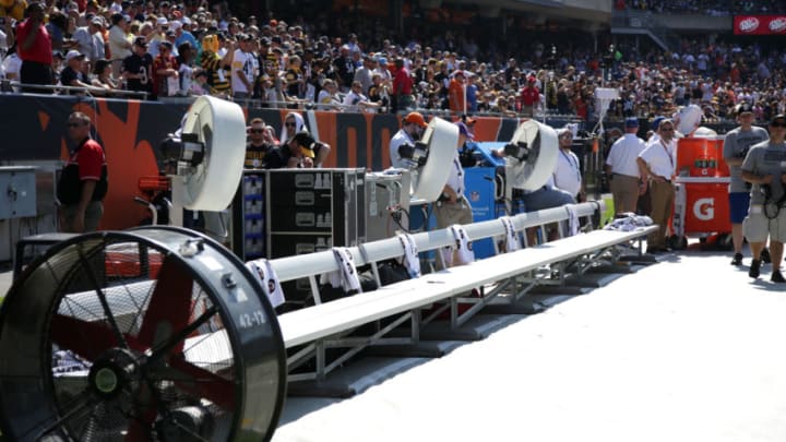 CHICAGO, IL - SEPTEMBER 24: The Pittsburgh Steelers bench area stays empty during the national anthem prior to the start of the game against the Chicago Bears at Soldier Field on September 24, 2017 in Chicago, Illinois. (Photo by Kena Krutsinger/Getty Images)