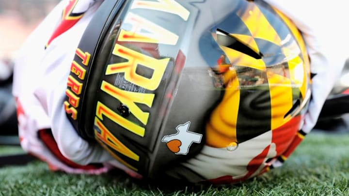 AUSTIN, TX - SEPTEMBER 02: A detailed view of a Maryland Terrapins helmet with a sticker remembering those affected by Hurricane Harvey before the game against the Texas Longhorns at Darrell K Royal-Texas Memorial Stadium on September 2, 2017 in Austin, Texas. (Photo by Tim Warner/Getty Images)