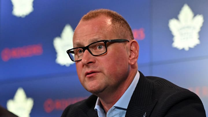 Jun 1, 2023; Toronto, Ontario, CANADA; Toronto Maple Leafs new general manager Brad Treliving is introduced at a press conference at Scotiabank Arena. Mandatory Credit: Dan Hamilton-USA TODAY Sports