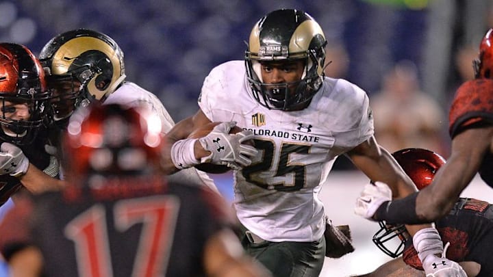 Nov 26, 2016; San Diego, CA, USA; Colorado State Rams running back Marvin Kinsey Jr. (25) runs the ball against the San Diego State Aztecs during the fourth quarter at Qualcomm Stadium. Mandatory Credit: Jake Roth-USA TODAY Sports