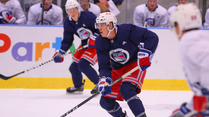 NEW YORK, NY – JUNE 29: New York Rangers Defenseman Joey Keane (82) skates during New York Rangers Prospect Development Camp on June 29, 2018 at the MSG Training Center in New York, NY. (Photo by Rich Graessle/Icon Sportswire via Getty Images)