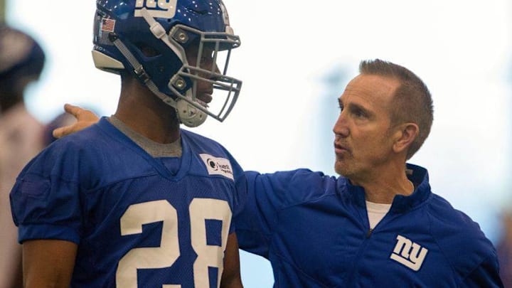 May 6, 2016; East Rutherford, NJ, USA; New York Giants corner back Eli Apple (28) and defensive coordinator Steve Spagnuolo during rookie minicamp at Quest Diagnostics Training Center. Mandatory Credit: William Hauser-USA TODAY Sports
