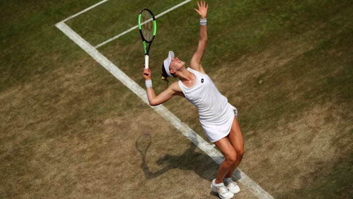 LONDON, ENGLAND - JULY 06: Alison Riske of The United States serves during the Ladies Singles second round match against Kristina Mladenovic of France on day four of the Wimbledon Lawn Tennis Championships at the All England Lawn Tennis and Croquet Club on July 6, 2017 in London, England. (Photo by Julian Finney/Getty Images)