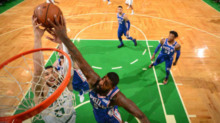 BOSTON, MA – MAY 3: Amir Johnson #5 of the Philadelphia 76ers blocks as Jayson Tatum #0 of the Boston Celtics shoots the ball during Game Two of the Eastern Conference Semifinals of the 2018 NBA Playoffs on May 3, 2018 at the TD Garden in Boston, Massachusetts. NOTE TO USER: User expressly acknowledges and agrees that, by downloading and or using this photograph, User is consenting to the terms and conditions of the Getty Images License Agreement. Mandatory Copyright Notice: Copyright 2018 NBAE (Photo by Jesse D. Garrabrant/NBAE via Getty Images)