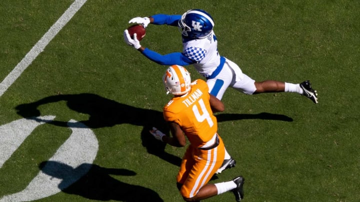 Kentucky defensive back Kelvin Joseph (1) intercepts a pass intended for Tennessee wide receiver Cedric Tillman (4) ** Tennessee running back Len’Neth Whitehead (4) during a SEC conference football game between the Tennessee Volunteers and the Kentucky Wildcats held at Neyland Stadium in Knoxville, Tenn., on Saturday, October 17, 2020.Kns Ut Football Kentucky Bp