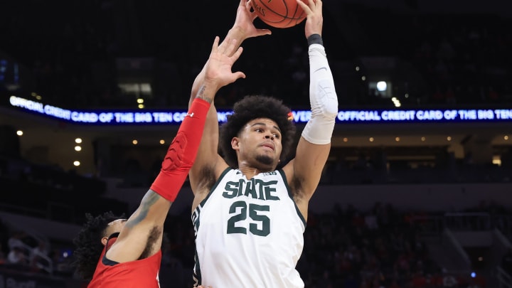 INDIANAPOLIS, INDIANA – MARCH 10: Malik Hall #25 of the Michigan State Spartans rebounds the ball during the second half in the game against the Maryland Terrapins during the Big Ten Tournament at Gainbridge Fieldhouse on March 10, 2022 in Indianapolis, Indiana. (Photo by Justin Casterline/Getty Images)