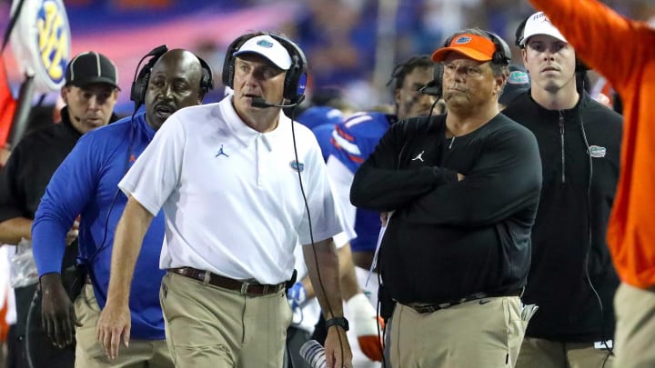Florida Gators head coach Dan Mullen and defensive coordinator Todd Grantham on the sideline during the football game between the Florida Gators and Tennessee Volunteers, at Ben Hill Griffin Stadium in Gainesville, Fla. Sept. 25, 2021.Flgai 092521 Ufvs Tennesseefb 25
