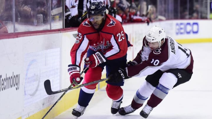 WASHINGTON, DC - DECEMBER 12: Devante Smith-Pelly #25 of the Washington Capitals and Sven Andrighetto #10 of the Colorado Avalanche battle for the puck in the first period at Capital One Arena on December 12, 2017 in Washington, DC. (Photo by Patrick McDermott/NHLI via Getty Images)
