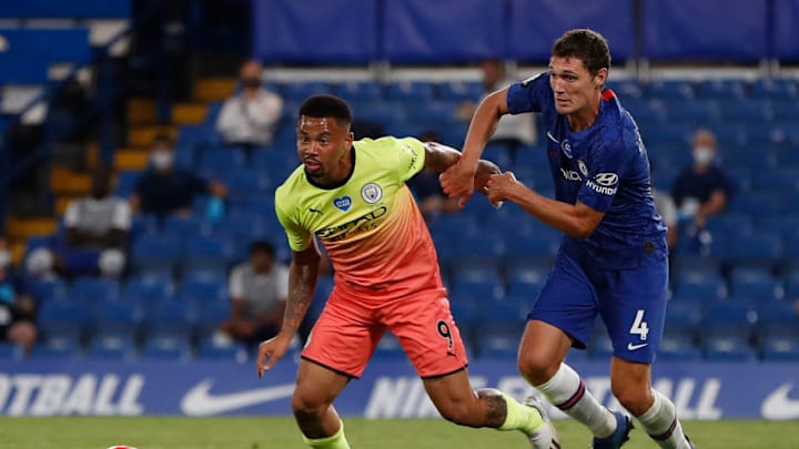 Chelsea's Danish defender Andreas Christensen (R) vies with Manchester City's Brazilian striker Gabriel Jesus during the English Premier League football match between Chelsea and Manchester City at Stamford Bridge in London on June 25, 2020. (Photo by PAUL CHILDS / POOL / AFP) / RESTRICTED TO EDITORIAL USE. No use with unauthorized audio, video, data, fixture lists, club/league logos or 'live' services. Online in-match use limited to 120 images. An additional 40 images may be used in extra time. No video emulation. Social media in-match use limited to 120 images. An additional 40 images may be used in extra time. No use in betting publications, games or single club/league/player publications. / (Photo by PAUL CHILDS/POOL/AFP via Getty Images)