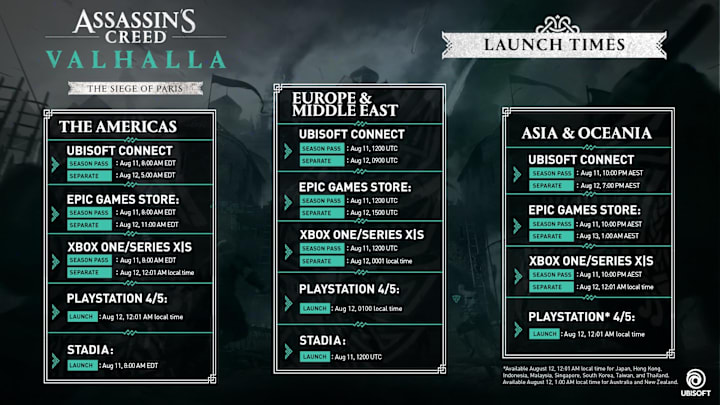 Ubisoft has officially published the release dates and times for the Assassin's Creed Valhalla DLC, "Siege of Paris," across all platforms and regions Ubisoft has officially published the release dates and times for the Assassin's Creed Valhalla DLC, "Siege of Paris," across all platforms and regions