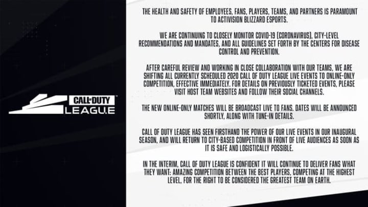The Call of Duty League will be played online for the rest of the season.