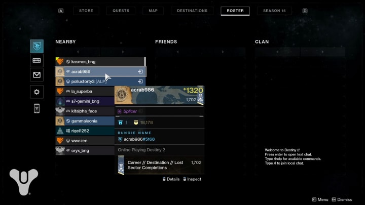 Destiny 2 crossplay roster screen