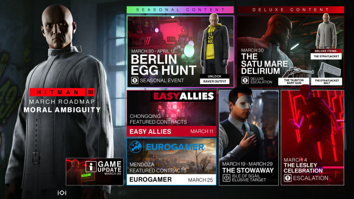 IO Interactive has released a full roadmap of all the items and content coming to Hitman 3 this March 2021. IO Interactive has released a full roadmap of all the items and content coming to Hitman 3 this March 2021.