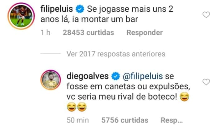 Filipe Luís tirou sarro de Diego Alves no Instagram