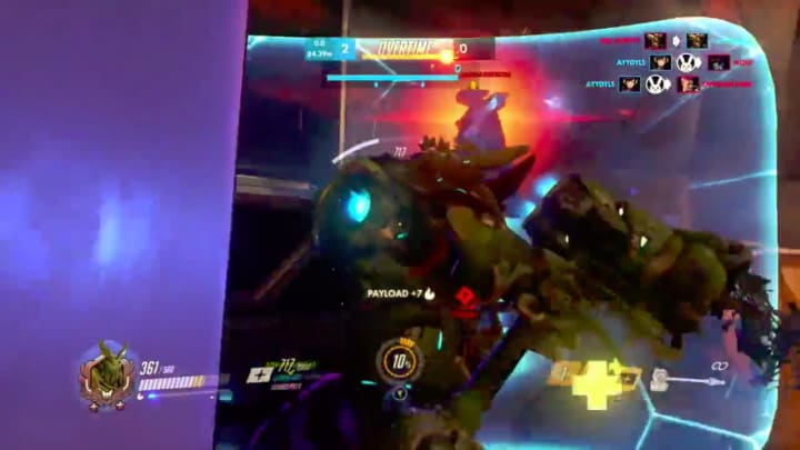 This Reinhardt managed to be launched into the air just in time to block a Deadeye This Reinhardt managed to be launched into the air just in time to block a Deadeye