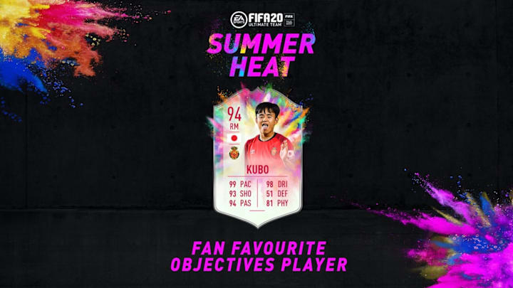 Takefusa Kubo FIFA 20 challenges are now live as a part of the Summer Heat promotion. Takefusa Kubo FIFA 20 challenges are now live as a part of the Summer Heat promotion.