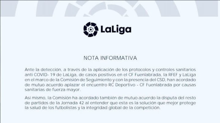 Comunicado de LaLiga sobre el Deportivo-Fuenlabrada