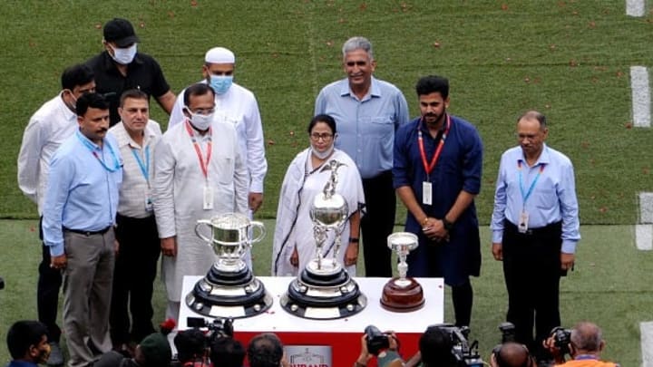 Kolkata Chief Minister Mamata Banerjee with the Durand Cup at Salt lake Stadium.
