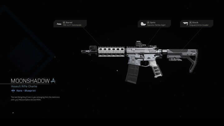 Moonshadow Warzone blueprint is a rare blueprint variety for Assault Rifle Charlie, more commonly known as the popular M4A1.