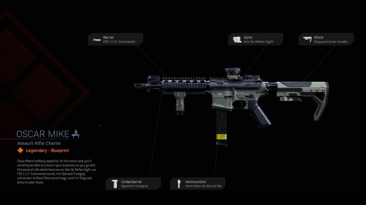 Oscar Mike Warzone Blueprint is a legendary weapon variant for the M4A1 that can be purchased as a part of the Gun Nut store bundle.
