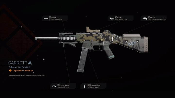 The Garrote Blueprint is a variant for a unique SMG in Call of Duty: Modern Warfare, the Striker 45. The Garrote Blueprint is a variant for a unique SMG in Call of Duty: Modern Warfare, the Striker 45.